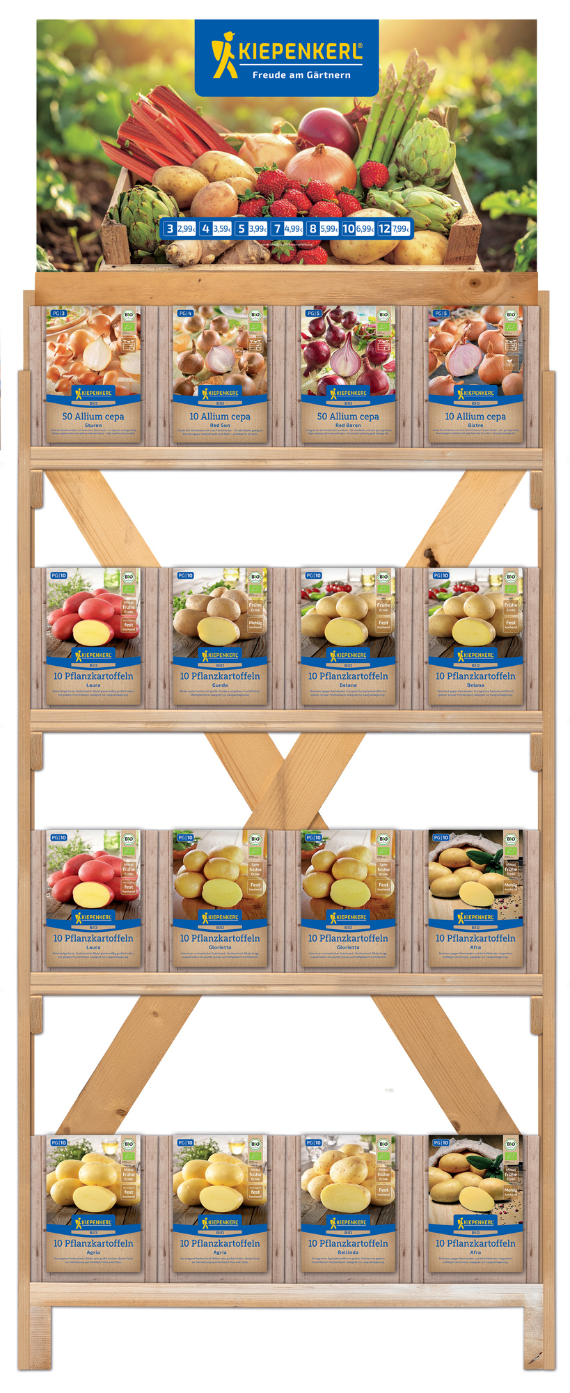 2026 - Frühjahr - Kiepenkerl BIO-Steckzwiebeln & Pflanzkartoffeln im einseitigen Holzregal