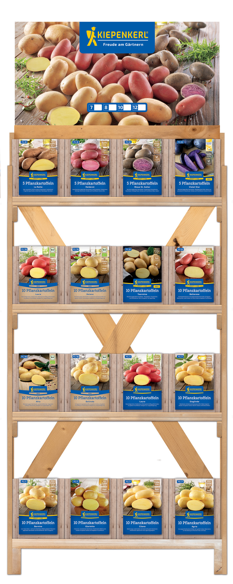 2026 - Frühjahr - Kiepenkerl-Pflanzkartoffeln in Kleinpackungen im einseitigen Holzregal
