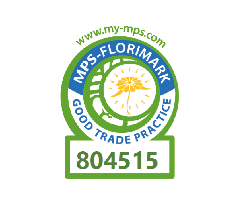 Nachhaltigkeitszertifikat MPS Florimark – Registriernummer 804515 MPS Florimark Zertifizierungszeichen mit der Nummer 804515