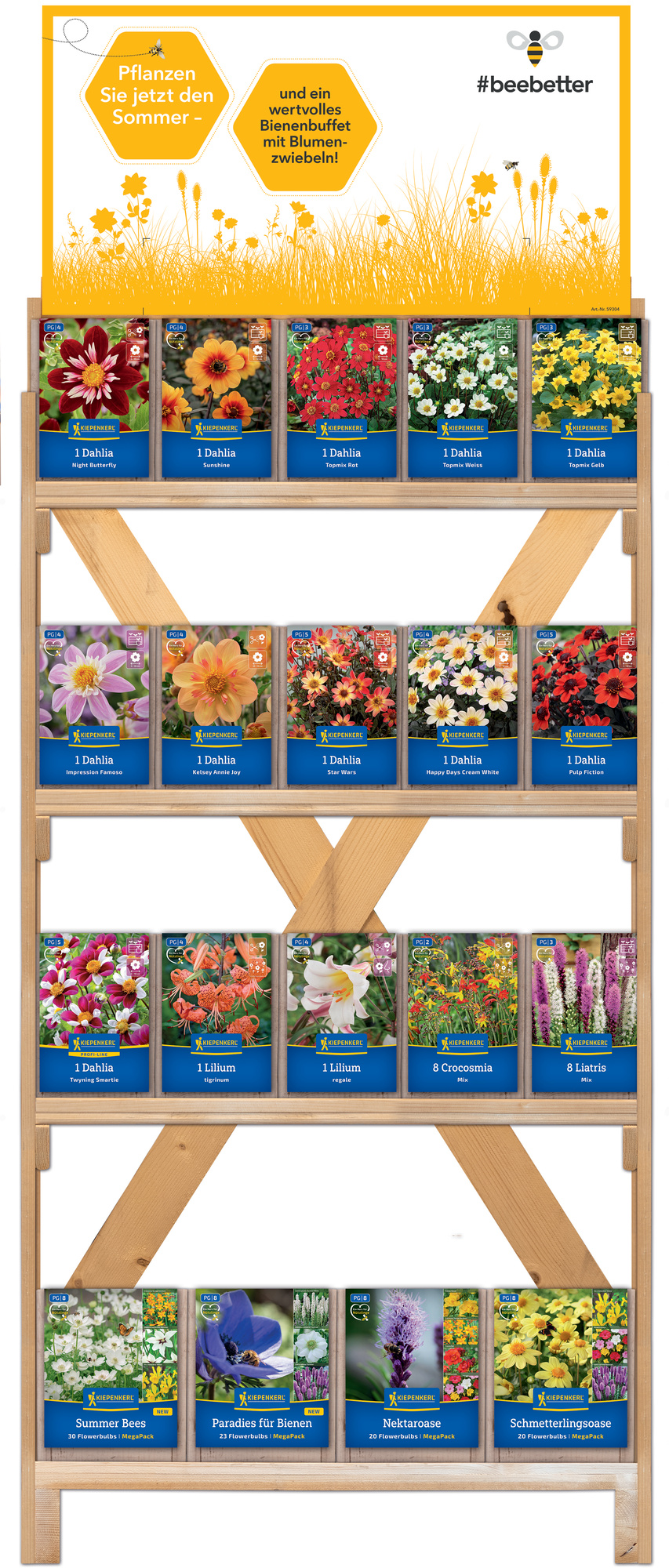 2026 - Frühjahr - Kiepenkerl-Blumenzwiebeln '#beebetter' im einseitigen Holzregal