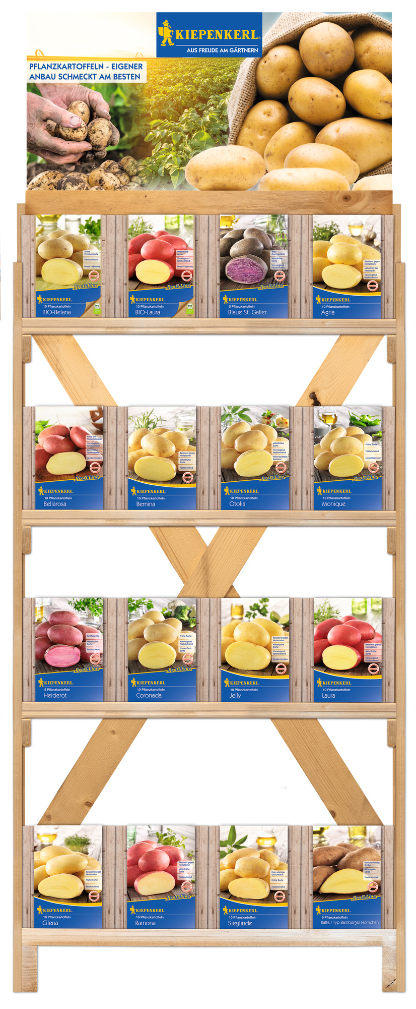 2026 - Frühjahr - Kiepenkerl-Pflanzkartoffeln in Kleinpackungen im einseitigen Holzregal 2026 - Frühjahr - Kiepenkerl-Pflanzkartoffeln in Kleinpackungen im einseitigen Holzregal