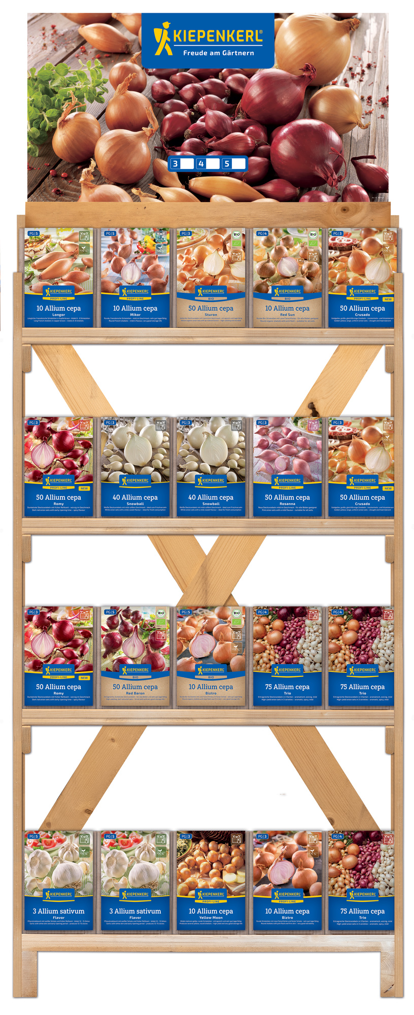 2026 - Frühjahr - Kiepenkerl-Steckzwiebeln & Schalotten im einseitigen Holzregal