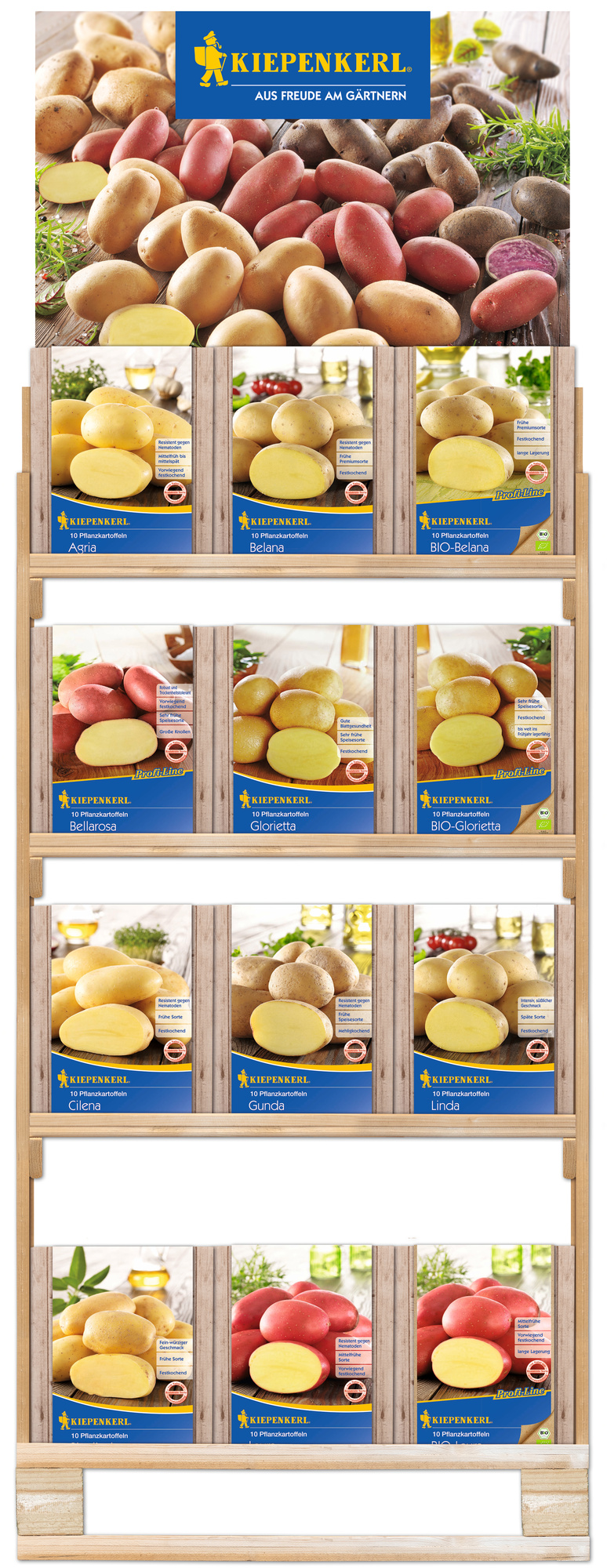 2026 - Pflanzkartoffeln - Vorabprogramm - zweiseitig bestücktes Holzregal - 60 x 80 cm 2026 - Pflanzkartoffeln - Vorabprogramm - zweiseitig bestücktes Holzregal - 60 x 80 cm