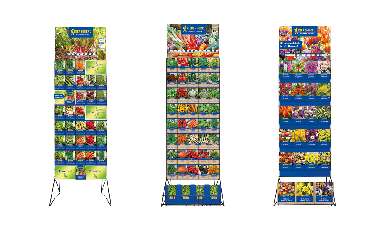 Kiepenkerl Warenträger aus nachhaltigen Materialien für den Handel Nachhaltiger Warenträger aus Holz mit Kiepenkerl-Logo im Gartencenter-Regal