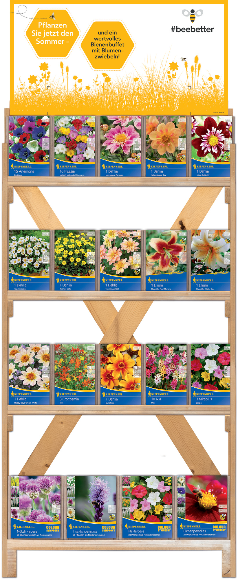 2026 - Frühjahr - Kiepenkerl-Blumenzwiebeln '#beebetter' im einseitigen Holzregal 2026 - Frühjahr - Kiepenkerl-Blumenzwiebeln '#beebetter' im einseitigen Holzregal