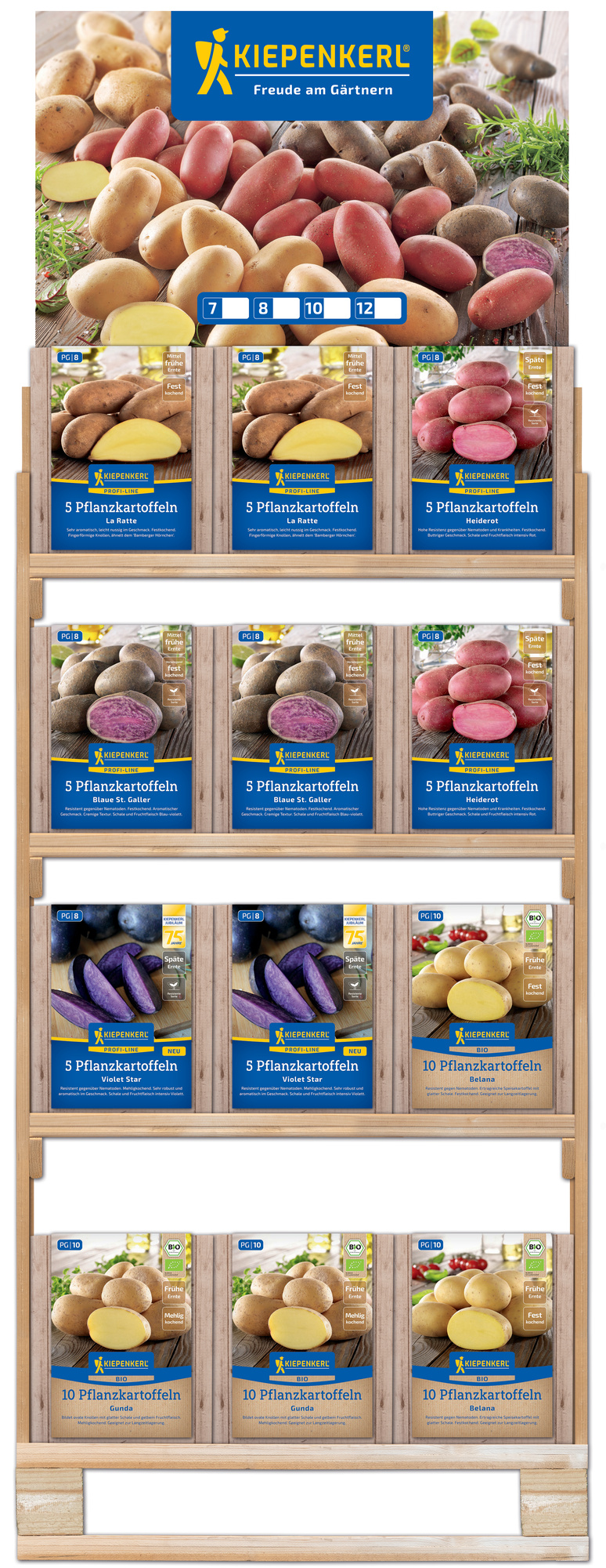 2026 - Frühjahr - Kiepenkerl-Pflanzkartoffeln `Ergänzung` im zweiseitigen Holzregal