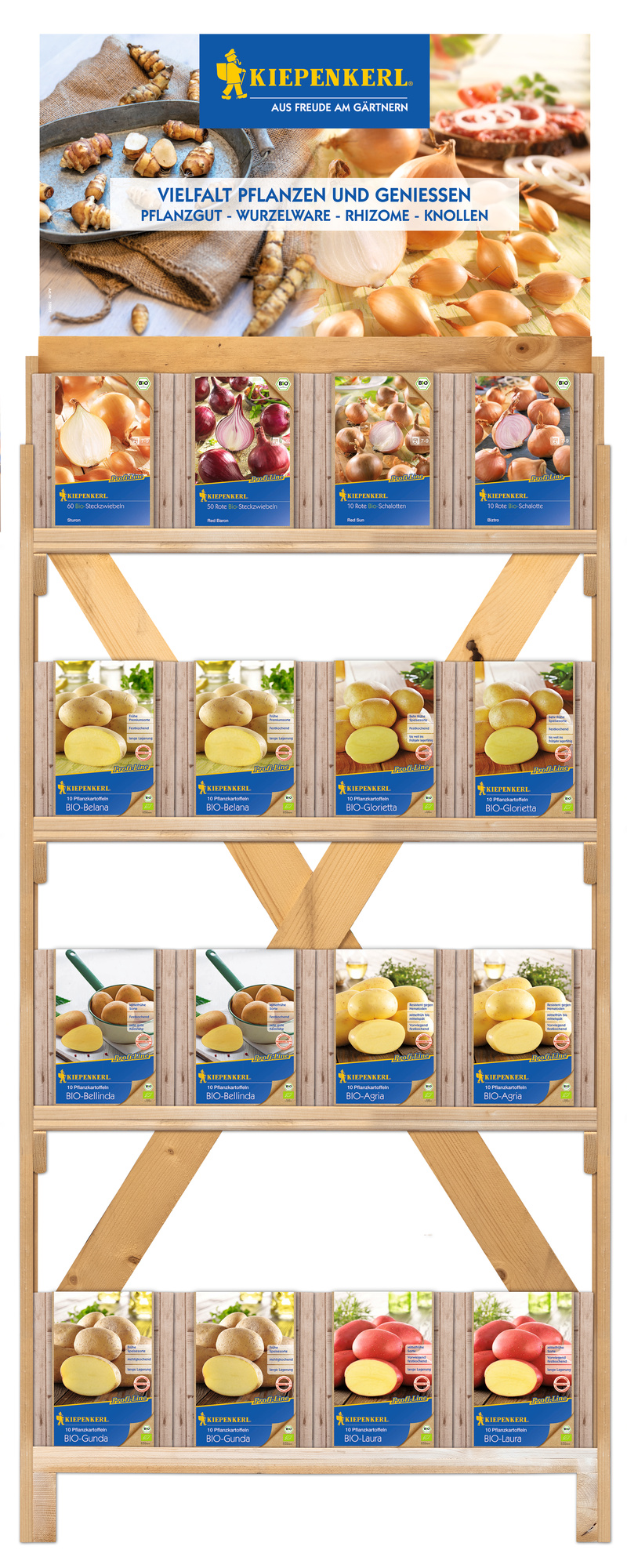 2026 - Frühjahr - Kiepenkerl BIO-Steckzwiebeln & Pflanzkartoffeln im einseitigen Holzregal