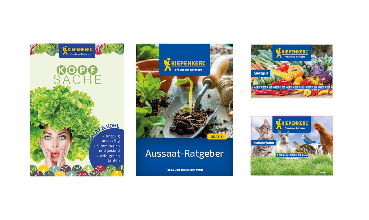 Verkaufsmittel von Kiepenkerl: Poster, Flyer und Regal-Topper mit Gartenthemen und Markenlogo