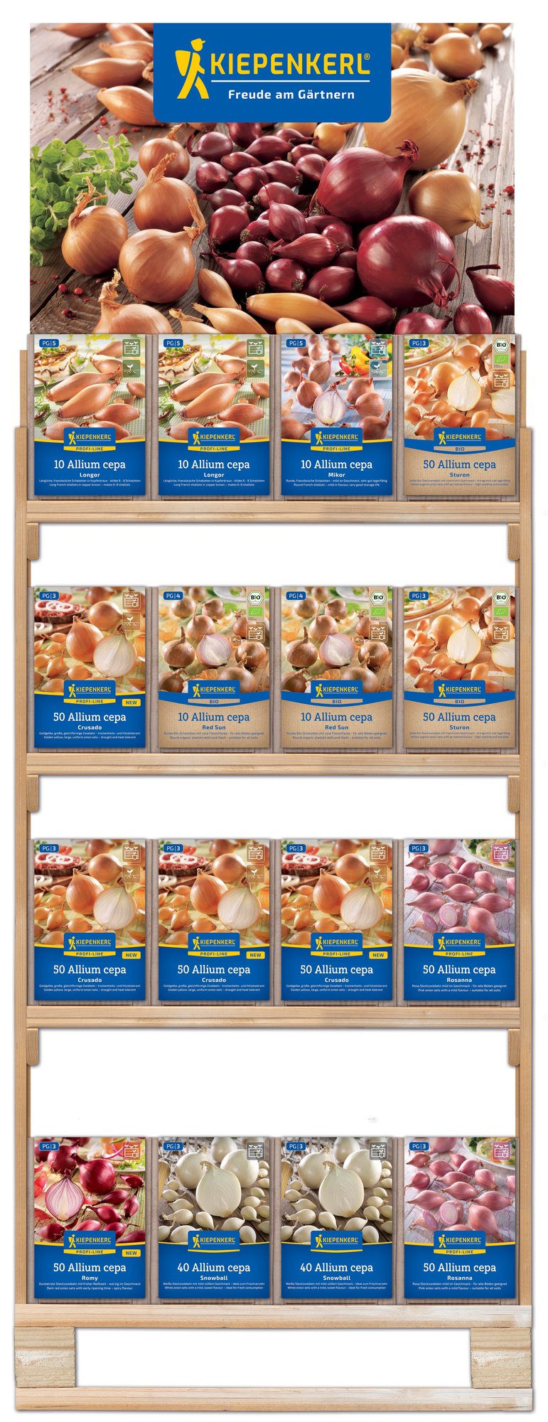 2026 - Frühjahr - Kiepenkerl-Steckzwiebeln & Schalotten im zweiseitigen Holzregal
