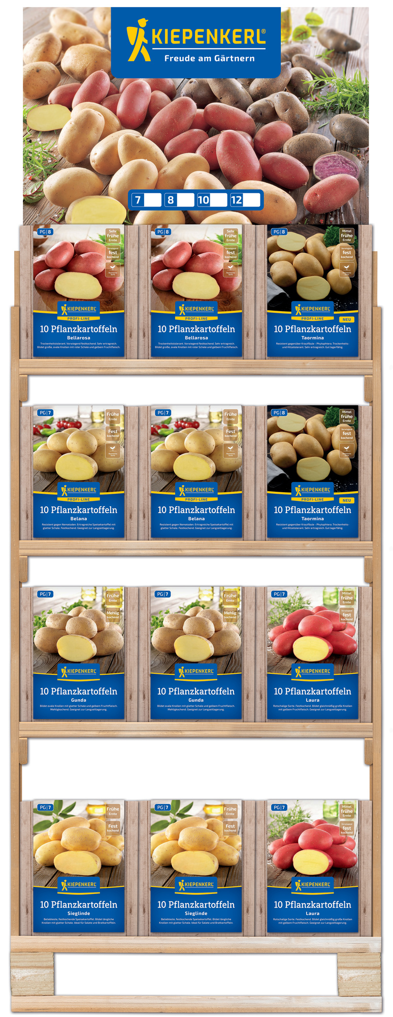 2026 - Pflanzkartoffeln - Vorabprogramm - zweiseitig bestücktes Holzregal - 60 x 80 cm