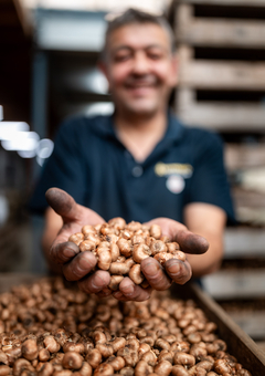 Qualitätskontrolle von Blumenzwiebeln und -knollen im Lager der Bruno Nebelung GmbH Hand entnimmt Blumenzwiebeln und -knollen aus großer Lagerkiste zur Qualitätsprüfung