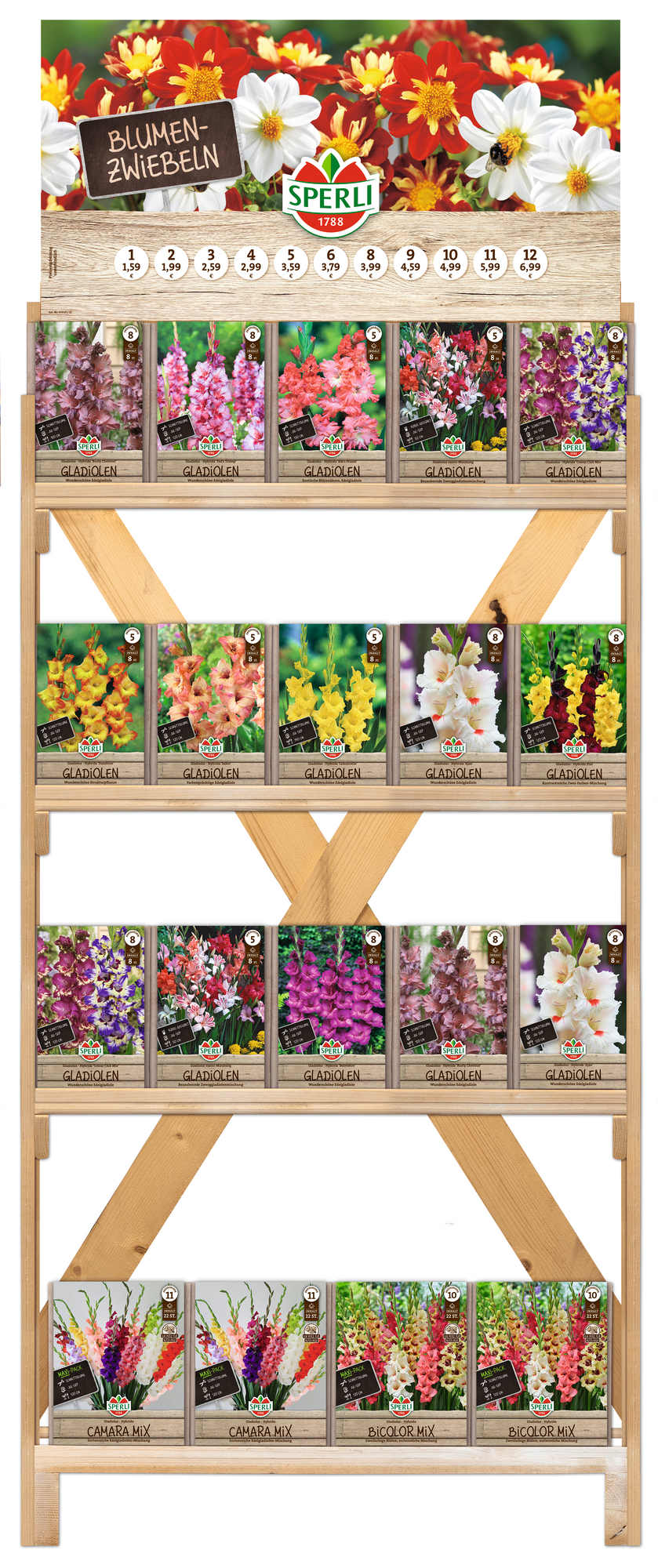 2024 - Frühjahr - SPERLI Blumenzwiebeln 'Gladiolen-Sortenvielfalt' einseitiges Holzregal